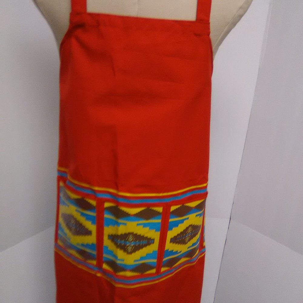 Men's Apron Color Red/with Multicolor Pattern Design NWOT - Picture 3 of 3